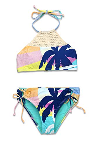 Hobie Girls' Big High Neck Halter Top and Side Tie Bikini Bottom Set, Seagreen//Hanalei Bay, 10