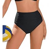 Ekouaer Bikinihose Damen High Waist Badeshorts Strandhose Raffung Badehose Bauchweg Bikini Unterteil Schwimmhose Schwarz L