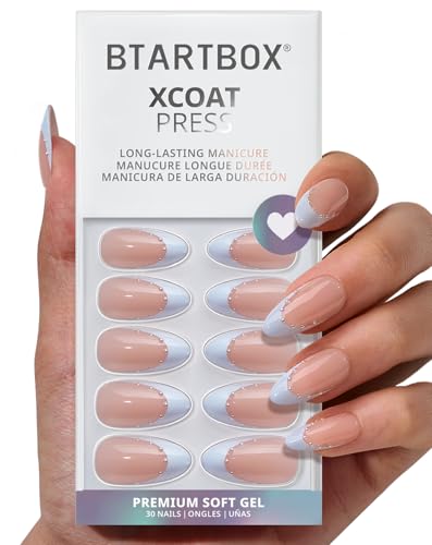 BTArtbox French Tip Press On Nails - Something Blue Lamp-Curable 4-Week Wear Blue Medium Almond Press On Nails with Glue and Adhesive Tabs Easy-to-Apply in 15 Sizes - 30 Nails All-in-One Kit