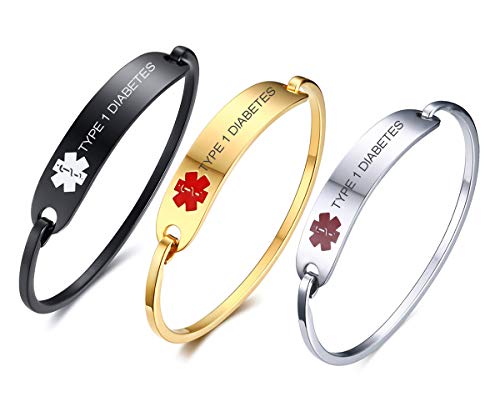 VNOX 3 Color/Set Medical Alert Emergency Stainless Steel Type 1 Diabetes Safety ID Cufff Bracelet,7.4"