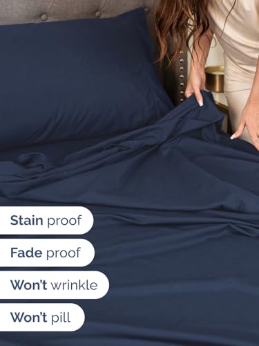 Image of Extra Deep Cal King Sheet Set - 6 Piece Breathable & Cooling - Navy Blue | Hotel Luxury Bed Sheets Set, Easy & Secure Fit, Ultra-Soft, Wrinkle & Fade Free, Comfy Sheets Set with Extra Deep Pockets