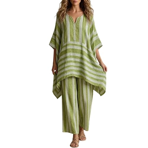 Ensemble de plage femme pantalon fluide et haut rayé vert vacances