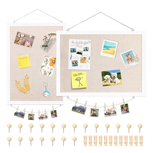 Tablero de Corcho con Lino 2 Piezas 40 × 30cm, Corcho Pared con 20 Puntadas, 12 Clips, Tablón de Anuncios para el Hogar, Sala de Estar, Cocina, Oficina, Escuela