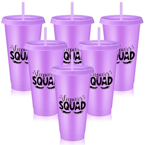 Reallnaive 6 Pcs Sleepover Party Supplies for Girls Sleepover Squad Cups with Lids and Straws 24 oz Plastic Slumber Party Tumbler Coffee Cup for Birthdays Slumber Spa Favors (Purple)