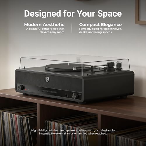 Philips All-in-One Bluetooth Turntable Record Player with Built-in Speakers, 3-Speed Vinyl Player, Audio-Technica Stylus, Wireless Streaming In & Out, RCA/Aux/Headphone, Auto-Stop, Plug-and-Play Setup - Thumbnail 2