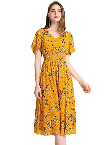 Gardenwed Floral Chiffon Dresses for Women Flowy Cocktail Party Dress Summer Beach Sun Dress Yellow Little Flower XL