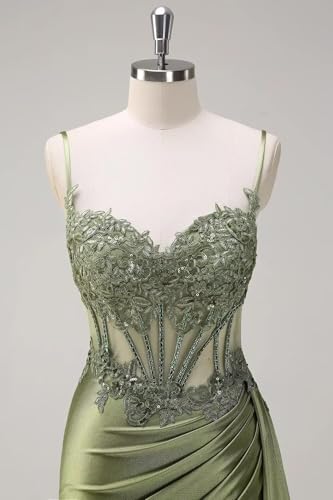 Satin Mermaid Prom Dresses Long Spaghetti Strap Lace Appliques Pleated Formal Party Dress with Slit4