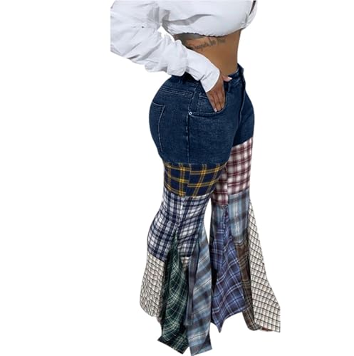 Women's High Waist Patchwork Flare Jeans Plaid Bell Bottom Ruffle Hem Denim Wide Leg Jeans3