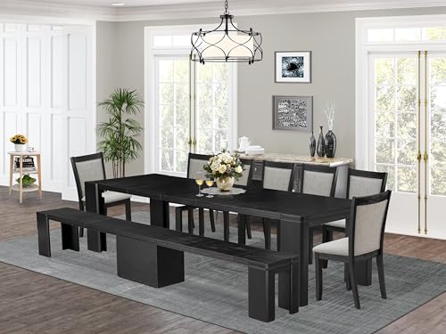 Image of X07MZ-B06-06 - 9-piece Dining Room Table Set a Rectangular Dining Table with wooden Benches and 7 Shitake Linen Fabric Dining Chair, 39x120 Inch, Wire Brushed Black