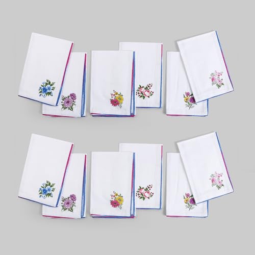 Image of FINGERCRAFT Cloth Napkins Set of 12 Cotton Linen Blend Fabric with Classic Lace 20x20 Inch Dinner Napkin Durable and Good Absorbency for Home, Hotels, Parties (Multi Floral)