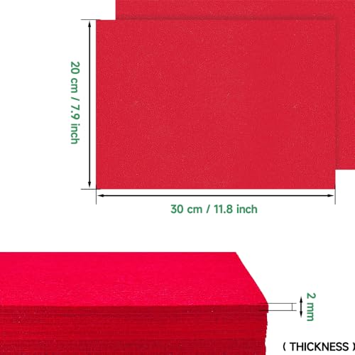 HXJDAM Steifer Filz 2mm Matte, 12 Stücke Bastelfilz, 20x30cmx2mm Dick zum Basteln, Quadrate für DIY Projekt (Rot)