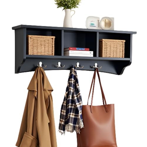 Image of Shaker Cottage Wall-Mounted Coat Rack with 3 Storage Cubbies and 4 Coat Hooks - 36 inch W x 9 inch D x 14 inch H Space-Saving Entryway Organizer or Mudroom Wall Shelf by Alaterre Furniture (Charcoal Gray)