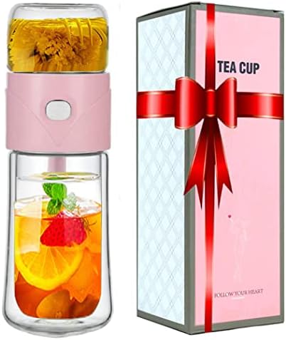 Glass Tea Infuser Bottle–Tea Tumbler with Infuser,Portable Double Walled Borosilicate Glass Travel Tumbler, 350ml / 11.8oz Glass Water Bottle for Loose Leaf Tea, Coffee and Fruit Water (Pink)