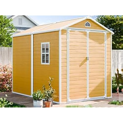 8x6 FT Resin Storage Shed, Waterproof Outdoor Shed w/Floor Included, 2 Windows, Double Lockable Doors & Vents,Outside Plastic Tool Sheds for Garden, Lawn, Backyard, Wood-Grain Brown