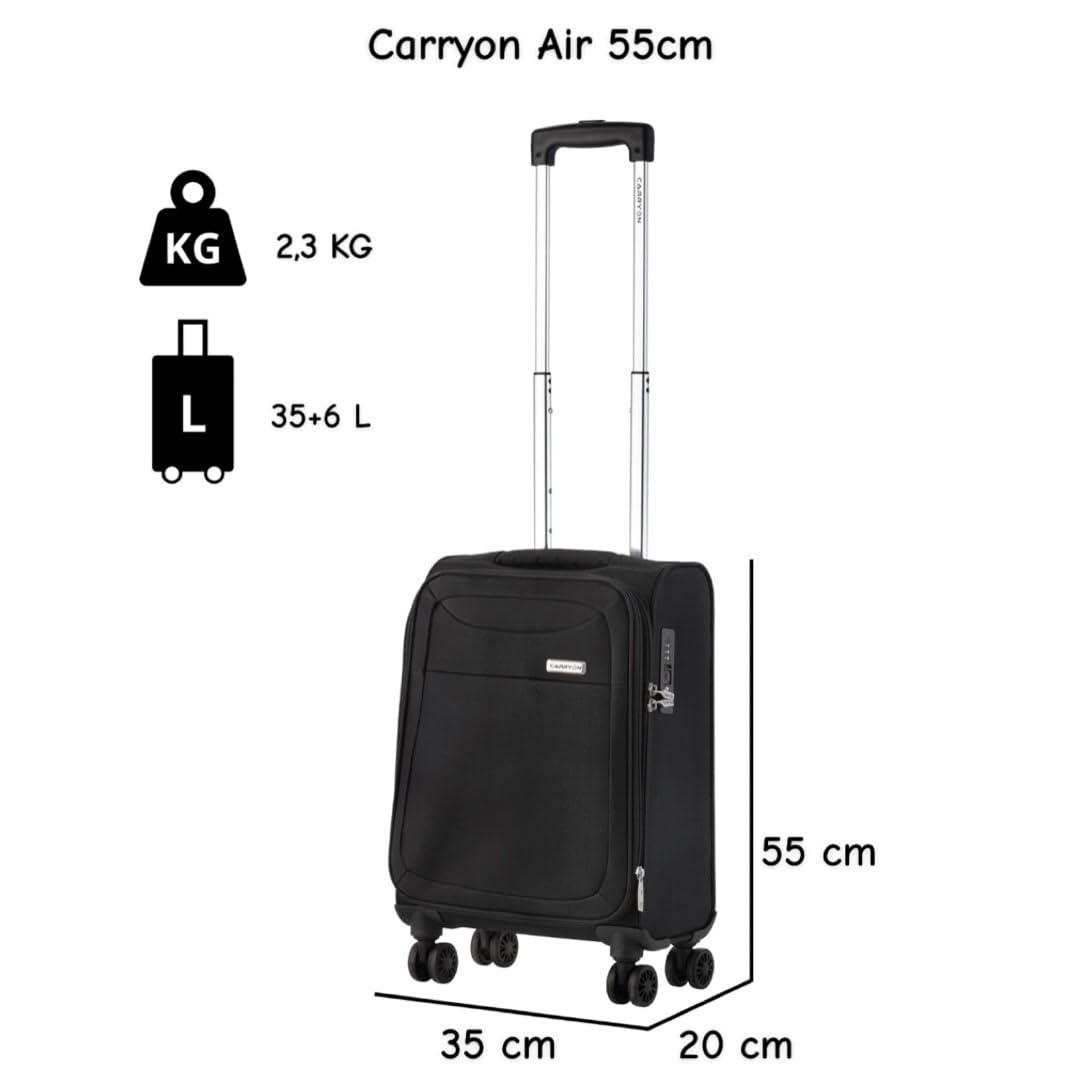 CarryOn Air – Miękka walizka kabinowa 55 cm, 41 l, lekka z zamkiem TSA (Czarny, Mały)
