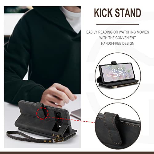Kowauri Case For Google Pixel 7 Pro,Pu Leather Wallet Folio Flip Case Zipper Pocket Card Holder Slots Shockproof Protective Phone Case With Wrist Strap For Google Pixel 7 Pro 2022 (Black) #TOP4