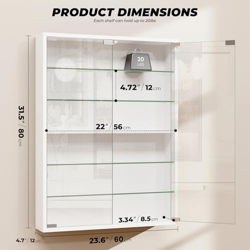 Image of Wall Display Case with Glass Doors, Sports Card Display Case | 6-Tier, Adjustable Glass Shelves, Shot Glass Display Case for Collectibles, Display Cabinet for Trading Cards, White