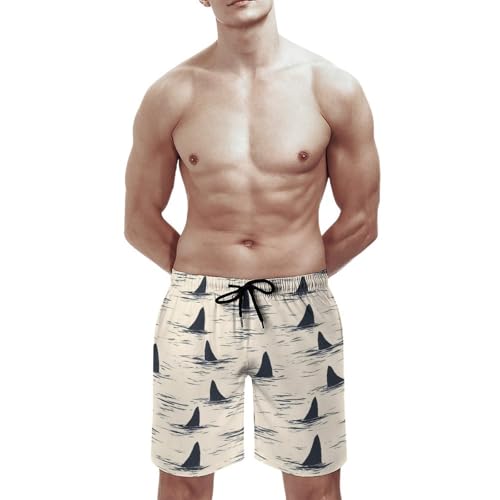Hawaiian Shorts for Men - Comfy Cool Shark Fin Print Mens Swim Trunks Bathing Suits with Mesh Lining2