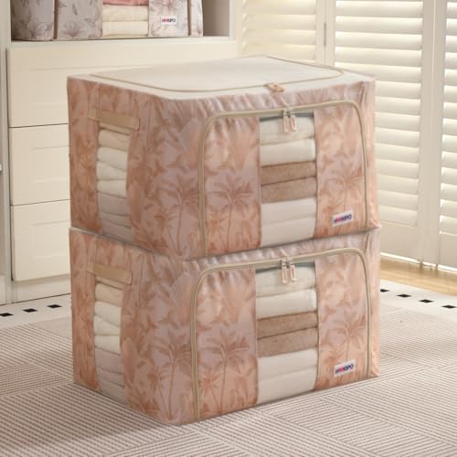 Image of HOKIPO 88L(XL) Wardrobe Organiser for Storage of Clothes, 600D Oxford Fabric Storage Box, Beige Botanica Pack of 2 (AR-6487-BGE*2)