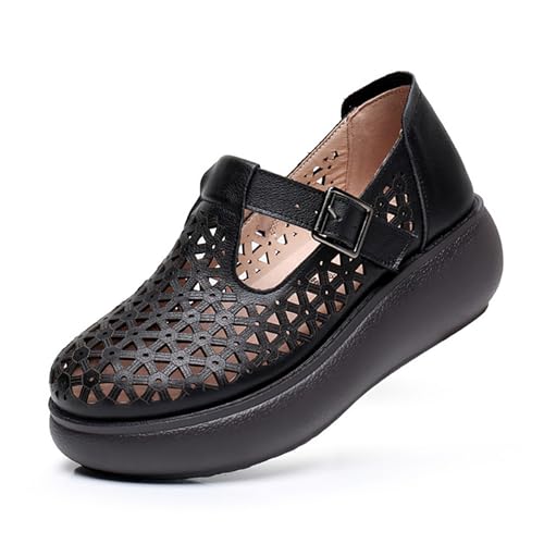 Women's Genuine Leather Hollow Out Orthotic Platform Mary Jane Sneakers Adjustable Hook and Loop T-Strap Casual Breathable Comfortable Chunky Wedge Arch Support Walking Shoes