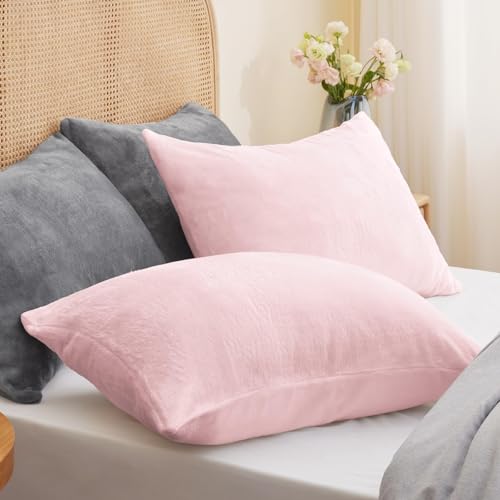 Image of BEDELITE Flannel King Size Pillow Cases Set of 2, Pink, 20x36 Inches | Super Cozy Fuzzy Velvet Pillow Shams with Zipper Closure, Soft Fleece Pillowcases for Bedroom, Sofa, Couch, All-Season Use