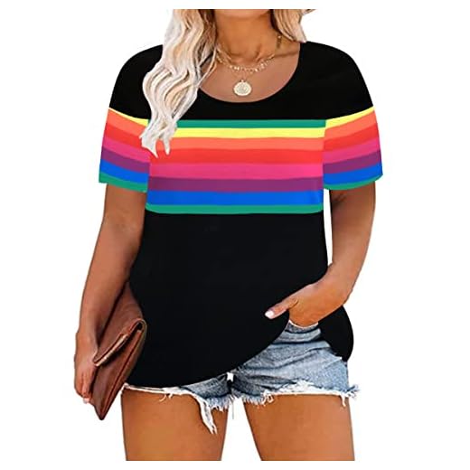 RITERA Ladies Plus Size Tunic Rainbow Striped Tie Dye Colorful Tops Color Block Summer Oversized Short Sleeve Henley Shirt Blouse 4XL 26W