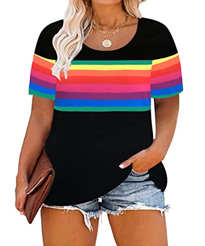Image of CARCOS Plus Size Tops for Women Short Sleeve Summer Pullover Color Block Crewneck /V Neck Tee Tunic Loose Fit Tshirts XL-5XL