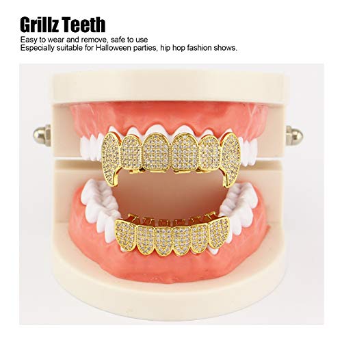 Hip Hop Grillz Teeth, Teeth Grillz for Men Women Iced Out Hip Hop Poker Diamond Top & Bottom, Bling Grillz Teeth Decoration for Mouth Top Bottom Hip Hop Teeth Grills(Gold)