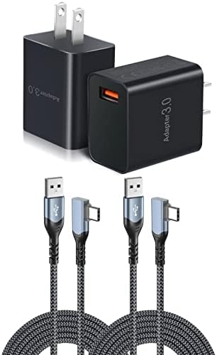 OKRAY USB Charger Block QC3.0 18W Fast Charging Wall Charger Power Adapter + 10FT USB C 90 Degree Angle Cable Android Fast Charger Kit for iPhone 17 16 15 Pro, Samsung Galaxy S25 S24 A16 A15, 2-Pack
