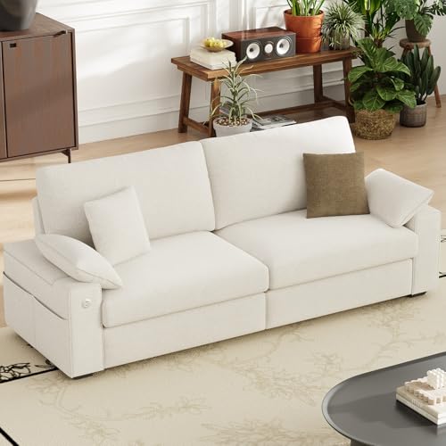 Image of MALOL 89 inch Loveseat Couch, 3 Seater Upholstered Mid-Century Mondern Love Seat with USB Type C Ports, 4 Pillows and Storage Armrest Cloud Foam Sofa for Living Room /Small Spaces, Beige