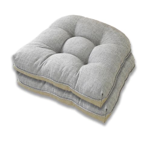 Aikenn 綿と麻の素材、クッション、パールコットンの詰め物、固定針技術、滑り止めストラップ、複数のシーンに適し、長時間快適に座れる、クッション、ストラップ付きの厚手のチェアクッション、2個セット、ふわふわ、ふわふわ、洗濯機洗い可能、二重滑り止め、四季対応ダイニングチェアクッション、46x43x9 cm (2, ライトグレー)