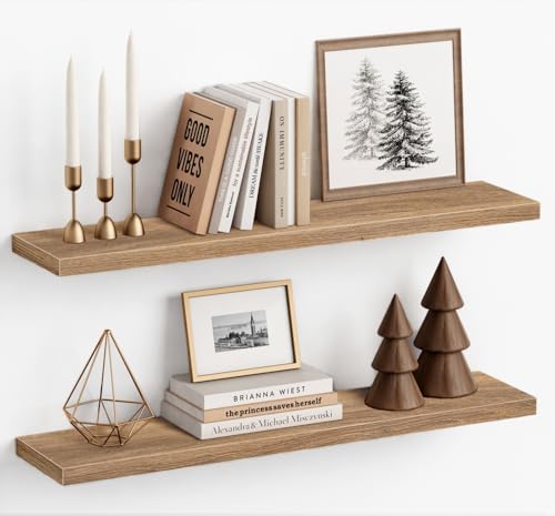Harwaya Light Wood Floating Shelves for Wall 36 Inch x 8 Deep Extra Large Wall Shelf for Bedroom Living Room Books Long Hanging Shelves for Office Bookshelf Art Decor (Light Brown Color Set of 2)