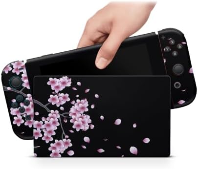 ZOOMHITSKINS Matte Skin Compatible with Switch, Black Pink Sakura Night Kawaii Design, Durable 3M Vinyl Decal Wrap, Precision Fit, Bubble-Free, Made in USA - 1