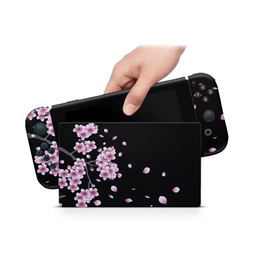 ZOOMHITSKINS Matte Skin Compatible with Switch, Black Pink Sakura Night Kawaii Design, Durable 3M Vinyl Decal Wrap, Precision Fit, Bubble-Free, Made in USA