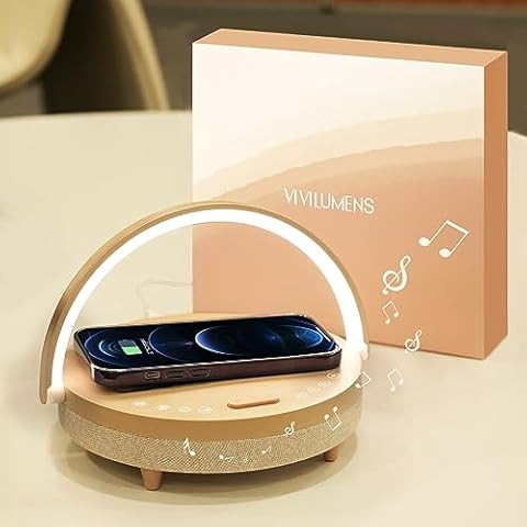 Vivilumens Birthday Gifts for Women, 5 in 1 Bedside Lamps with Wireless Charger Bluetooth Speaker White Noise Machine, Dimmable Touch lamp with Phone Holder, Personalized Night Light (Rosy Beige Cover