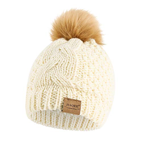 Jiaqee Knitted Beanie Hats for Babies Winter Warm Crochet Cotton Lined Caps with Faux Fur Pompom for Baby Girls (Beige White, Small)