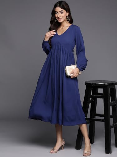 Image of Varanga Women Blue V-Neck, Bishop Sleeves, Gathered Details Calf Length A-Line Dress, Flared Hem