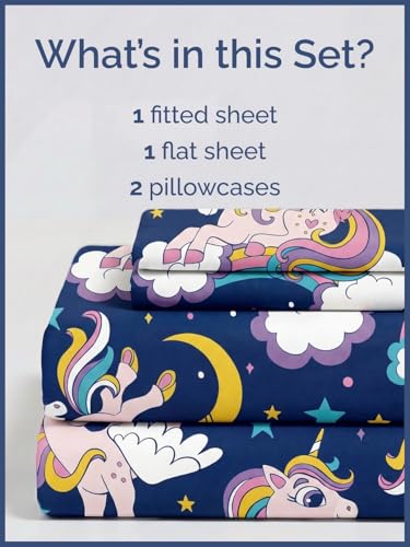 Image of Kids Queen Magic Unicorns Bed Sheets - 4 Piece Magic Unicorns Sheet Set | Magic Unicorns Themed Bedding, Ultra-Soft, Cute & Cozy, Breathable & Machine Washable, Bed Set for Boys, Girls & Teens, Comfy