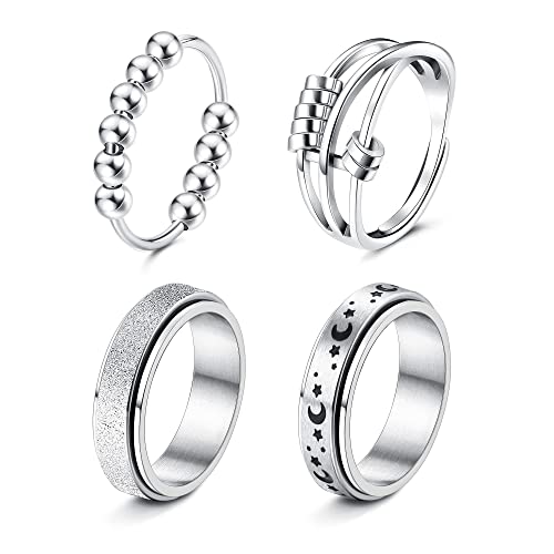 JeryWe 4pcs Acier Inoxydable Spinner Anneau pour Femmes Hommes Fidget Band Anneaux Lune Étoile Celtique Soulager Le Stress Large Mariage Promise Rings Set Taille 7 Cover