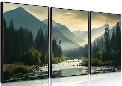 Zjjartyb 3Pcs Nature Landscape Wall Art Misty Forest Prints Mountain Pictures Dark Green Plant Posters Botanical River Canvas Painting Home Wall Decor For Living Room Bedroom Bathroom 12X16In Unframed cover