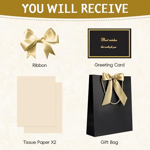 Image of JMANNI Gift Bag, 1PCS Gift Bags with Ribbon and 1 Greeting Cards 2 Tissue Paper, Portable Paper Gift Bag with Handles, Birthday Gift Bags,Present Bags for Wedding Party Mothers Day(PureBlack)