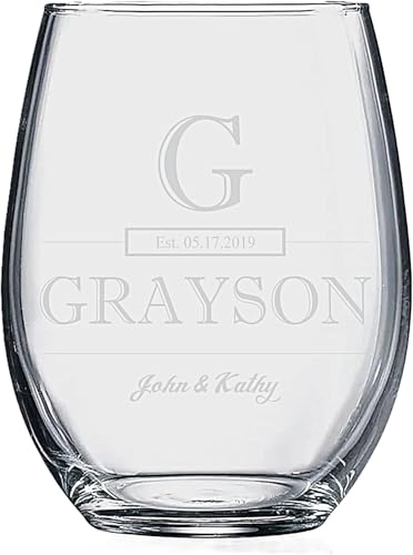 Nakedwoodworks Personalized Wedding Wine Glass, Premium 21oz Stemless Wine Glass Laser Engraved with your Wedding or Anniversary Information! Customized Gifts for Women Gifts or Couples Gift