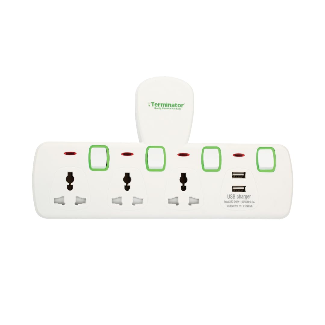 Terminator 3 Way Universal T-Socket Multi Adaptor With Individual Switches & Indicators 13A Plug and Safety Shutter (TMA 3T-2USB)