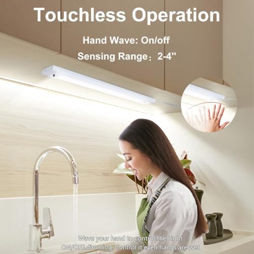 Image of 18 Inch Under Cabinet Lights Plug in, Wave Sensor LED Kitchen Lights Under Cabinet 5CCT Stepless Dimmable Counter Lighting, Aluminum Linkable Workbench Light Bar Over Sink 450LM 8W（NEW）