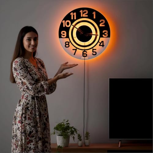 Image of 12 Inch Acrylic Modern Neon Wall Clock with LED Backlight | Night Lamp Neon Clock with Clear Visible Numbers for Home,Bedroom,Office Decor | Light Off Show Black Numbers New (Orange)