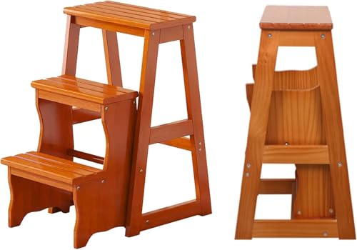 Taburete plegable portátil de madera de 3 escalones – Escalera multifuncional de madera maciza y silla para cambio de zapatos para adultos – Diseño compacto y duradero que ahorra espacio