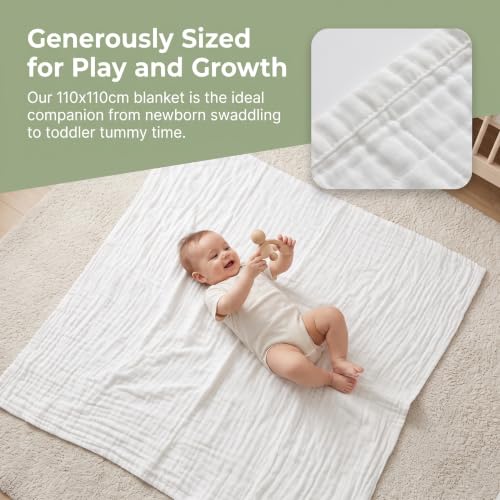 Image of Ultra Soft Cotton Muslin Baby Blanket 43x43 inches Swaddle Blankets White | Ultra Soft & Breathable, Lightweight Swaddle, For Newborns & Toddlers, Boys, 6 Layers