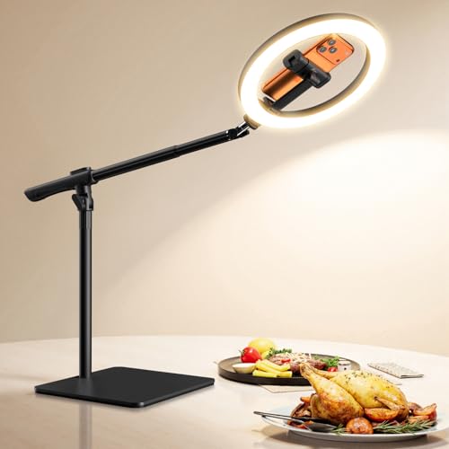 LUXSURE リングライト 10インチ 卓上 俯瞰撮影 アーム付き スマホスタンド 撮影用ライト LEDライト 30段階調光 高輝度 安定ベース USB給電 料理撮影 動画配信 Web会議用 ビデオライト 女優ライト
