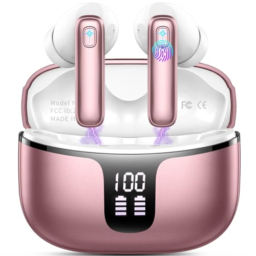 Wireless Earbuds, Headphones Wireless Bluetooth 5.3 with 4 ENC Noise Cancelling Mic, 40Hrs Bluetooth Earphones LED Display, Deep Bass Stereo in Ear Earbuds,14.2mm Drivers/IP7 Waterproof Ear Buds Gold