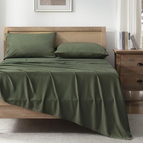 Image of Andency King Sheets Set 100% Viscose Derived from Bamboo, Olive Green | Cooling Summer Sheets, Deep Pocket Up to 16 inch, Silky Soft Hotel Luxury Breathable Bedding Sheets & Pillowcases